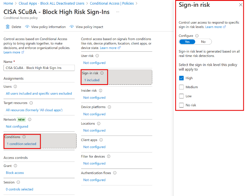 High Risk Sign-Ins Conditions