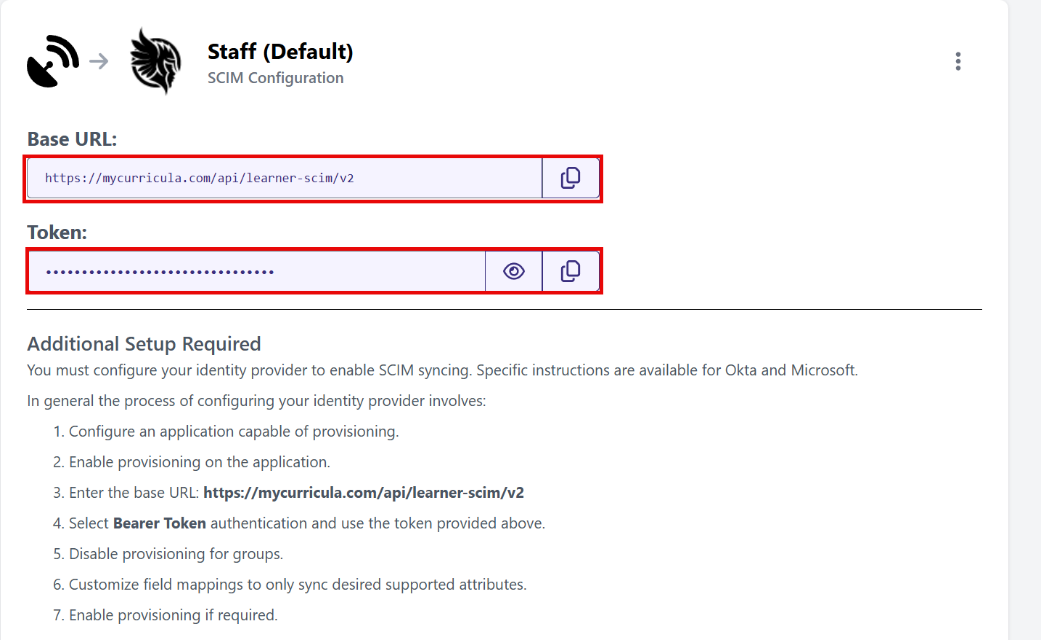 SCIM Base URL and Token