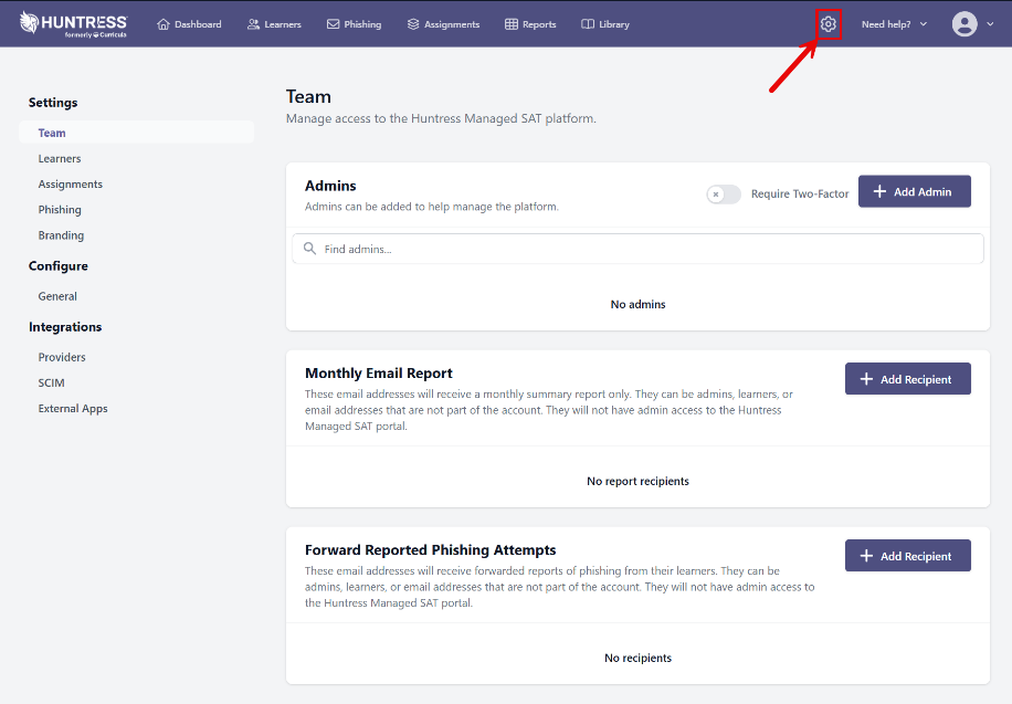 Huntress SAT Settings for SAML