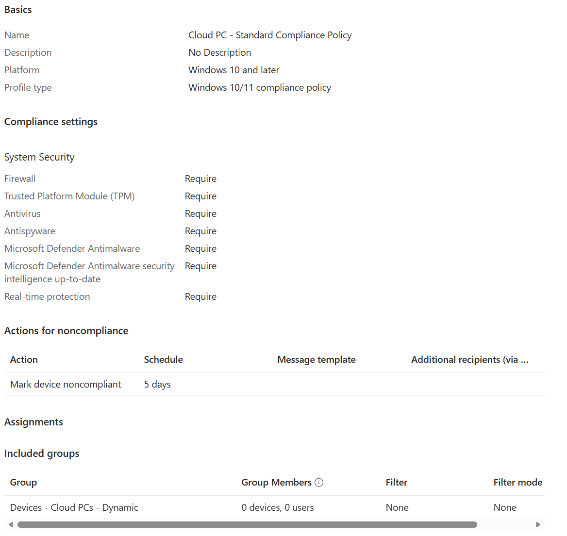 Intune Compliance Policy Settings