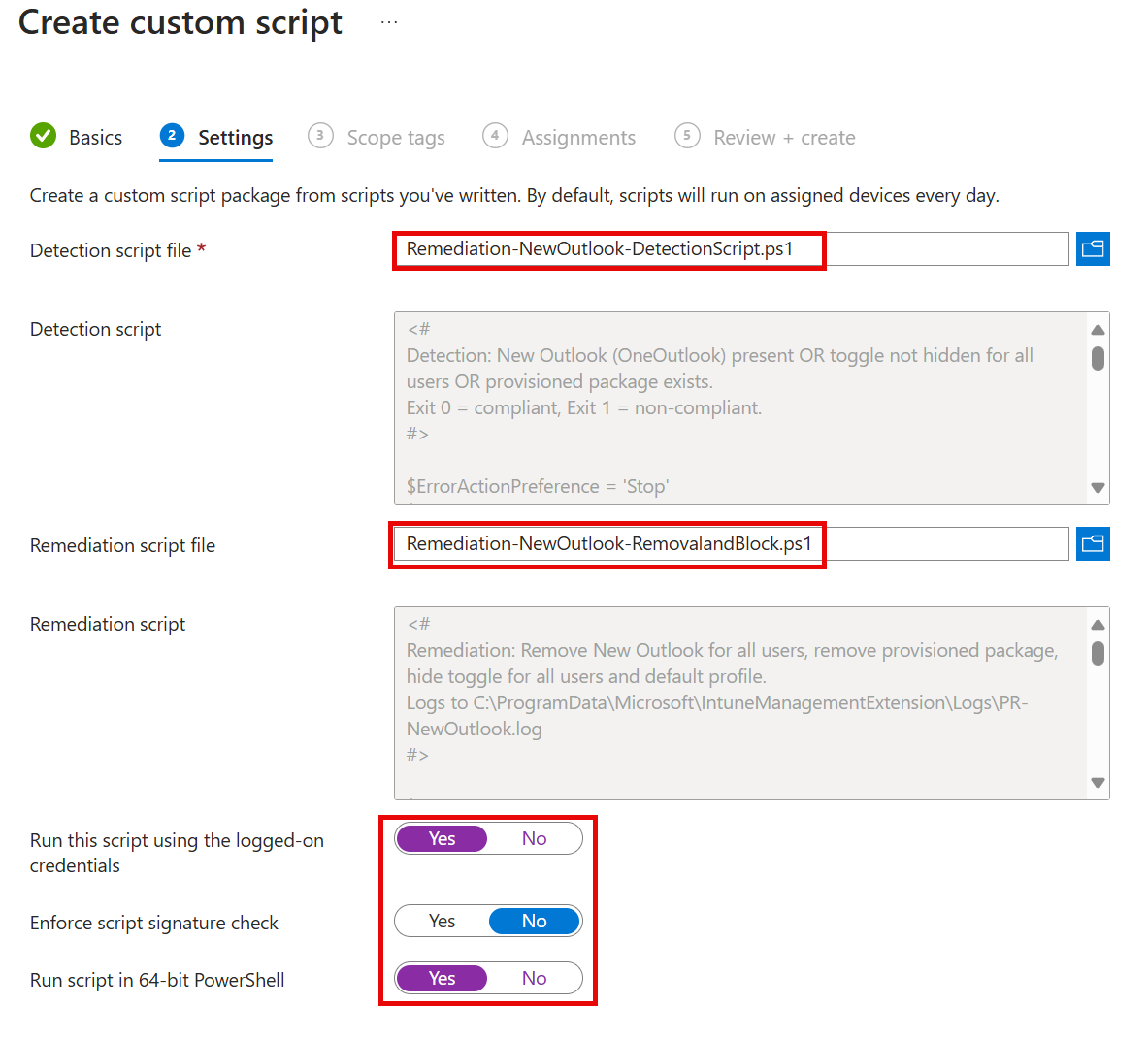 Proactive Remediation Script Settings